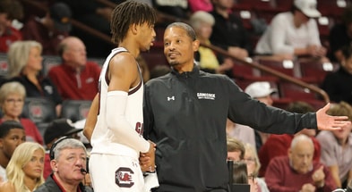 South Carolina basketball coach Lamont Paris and freshman wing Cam Scott. Photo by: CJ Driggers | GamecockCentral