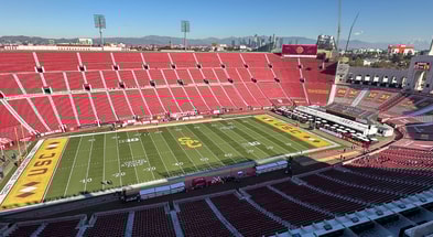 The Los Angeles Memorial Coliseum with throwback paint scheme for a homecoming game between the USC Trojans and Nebraska Cornhuskers
