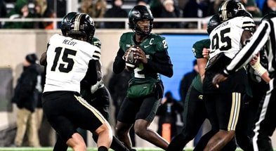 Michigan State's Aidan Chiles looks to throw against Purdue during the fourth quarter on Friday, Nov. 22, 2024, at Spartan Stadium in East Lansing - Nick King, USA TODAY Sports