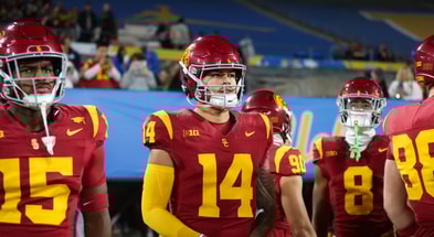 USC quarterback Jayden Maiava warmups up before a game between the Trojans and UCLA Bruins at the Rose Bowl