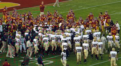 The Notre Dame Fighting Irish and the USC Trojans get into a scuffle during pregame at The Los Angeles Memorial Coliseum