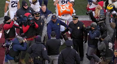 Ohio State Buckeyes head coach Ryan Day and Michigan Wolverines head coach Sherrone Moore shake hands at midfield following Michigan's win at Ohio Stadium. Syndication: The Columbus Dispatch