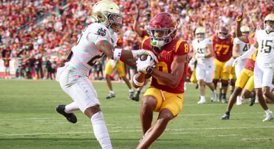 USC wide receiver Ja'Kobi Lane comes down with a touchdown reception during a game against the Notre Dame Fighting Irish