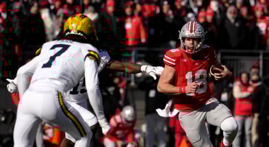 Michigan Wolverines football safety Makari Paige laid a huge hit on Ohio State quarterback Will Howard on third down. (Photo by Barbara J. Perenic/Columbus Dispatch / USA TODAY NETWORK via Imagn Images)