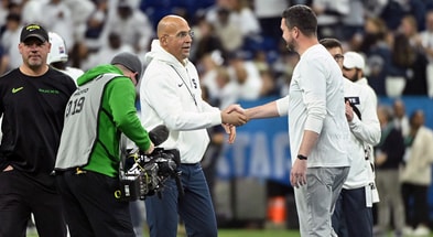 Penn State Nittany Lions head coach James Franklin shakes hands with Oregon Ducks head coach Dan Lanning in the 2024 Big Ten Championship game at Lucas Oil Stadium. (Mandatory Credit: Robert Goddin-Imagn Images)