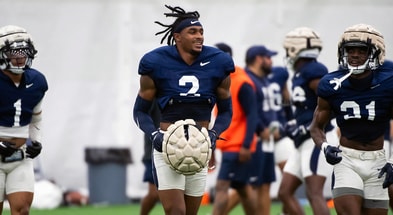Penn State safety KJ Winston Jr. (2) jogs across the field during a practice session inside Holuba Hall on Saturday, August 3, 2024, in State College. (Dan Rainville / USA TODAY NETWORK)