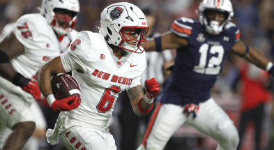 New Mexico Lobos running back Eli Sanders (6) carries against the Auburn Tigers during the second quarter at Jordan-Hare Stadium