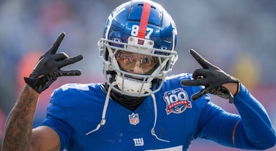 New York Giants wide receiver Ihmir Smith-Marsette gestures while warming up for a game against the Indianapolis Colts. (Photo by The Record)
