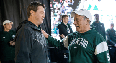 Michigan State men's basketball head coach Tom Izzo talks to hockey head coach Adam Nightingale during Izzone Campout at Munn Field near Breslin Center in East Lansing on Friday, Oct. 6, 2023 - Junfu Han, USA TODAY Sports