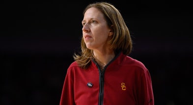 USC head coach Lindsay Gottlieb looks on as her team faces the Texas A&M Corpus Christi Islanders at the NCAA Tournament. (Photo by Robert Hanashiro-Imagn Images)