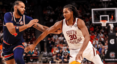 South Carolina Gamecocks forward Collin Murray-Boyles (30) controls the ball as Auburn Tigers forward Johni Broome (4) defends n the first half at Colonial Life Arena. Mandatory Credit: Jeff Blake-Imagn Images