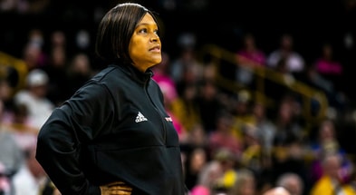 Rutgers head coach Coquese Washington looks on during a game against Iowa. (Photo by Joseph Cress/Iowa City Press-Citizen)
