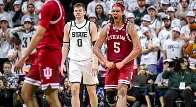 Indiana's Malik Reneau, right, celebrates after a score against Michigan State during the second half on Tuesday, Feb. 11, 2025, at the Breslin Center in East Lansing - Nick King, USA TODAY Sports