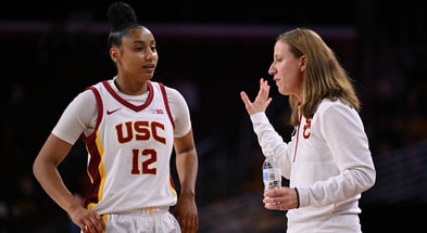 USC Trojans head coach Lindsay Gottlieb talks to guard JuJu Watkins