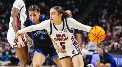 South Carolina Gamecocks guard Tessa Johnson (5) drives against the Kentucky Wildcats during an NCAA women's college basketball game on March 2, 2025, at Colonial Life Arena in Columbia, S.C. (Photo by Katie Dugan/GamecockCentral.com)