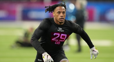 USC defensive back Jaylin Smith participates in drills during the 2025 NFL Combine at Lucas Oil Stadium