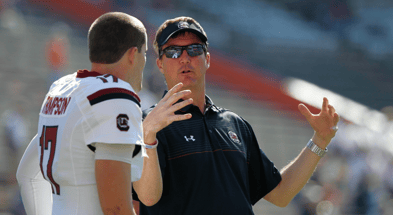 Former South Carolina offensive coordinator GA Mangus with quarterback Dylan Thompson. Photo by: Kim Klement-Imagn Images