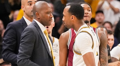 Feb 25, 2025; Columbia, Missouri, USA; Missouri Tigers head coach Dennis Gates celebrates with guard Tamar Bates (2) after a score against the South Carolina Gamecocks during the second half at Mizzou Arena. Mandatory Credit: Denny Medley-Imagn Images