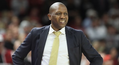 Feb 22, 2025; Fayetteville, Arkansas, USA; Missouri Tigers head coach Dennis Gates during the game against the Arkansas Razorbacks at Bud Walton Arena. Mandatory Credit: Nelson Chenault-Imagn Images