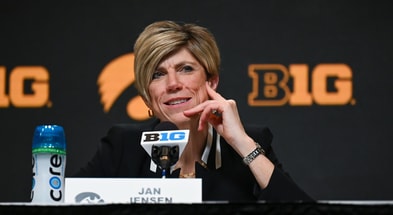 Iowa head coach Jan Jensen spoke with the media after the loss to Ohio State. (Photo by Dennis Scheidt)