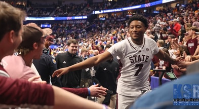 Mississippi State's Jeremy Foumena celebrates with fans at the SEC Tournament - Photo by Dr. Michael Huang, Kentucky Sports Radio