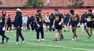 USC defensive backs prepare to go through drills at the Trojans' Pro Day