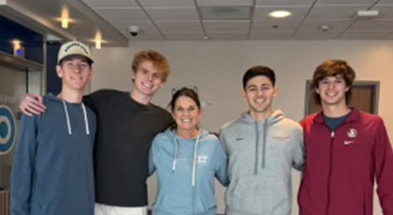 Left to Right- Ty Schmitt, Charlie Frantz, Mary Watkins (Wife of Todd0, Tommy Provenzano, and Brandon Moore at the hopsital (Photo Courtsey of Mary Watkins)