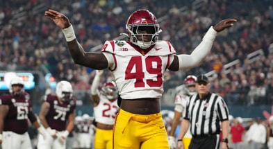 USC Trojans defensive end Kameryn Fountain (49) celebrates against the Texas A&M Aggies in the first half at Allegiant Stadium