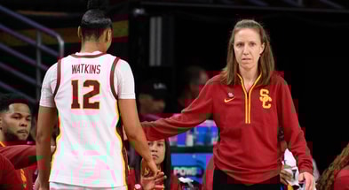 USC Trojans head coach Lindsay Gottlieb greets guard JuJu Watkins (12) as she comes out of the game in the fourth quarter of an NCAA Tournament game against the UNC Greensboro Spartans at Galen Center
