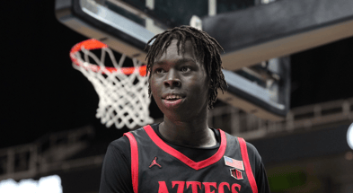 Dec 21, 2024; San Jose, California, USA; San Diego State Aztecs forward Magoon Gwath (0) during the second half against the California Golden Bears at SAP Center. Mandatory Credit: Darren Yamashita-Imagn Images