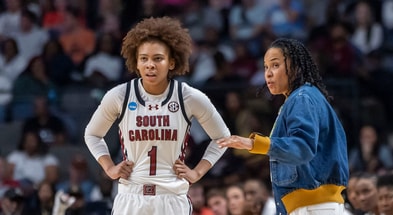 South Carolina Gamecocks head coach Dawn Staley works with guard Maddy McDaniel (1) during the first half of a Sweet 16 NCAA Tournament basketball game against the Maryland Terrapins at Legacy Arena. Mandatory Credit: Vasha Hunt-Imagn Images
