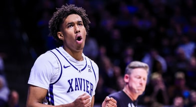 Mar 8, 2025; Cincinnati, Ohio, USA; Xavier Musketeers guard Dailyn Swain (3) reacts after a play against the Providence Friars in the first half at Cintas Center. Mandatory Credit: Katie Stratman-Imagn Images