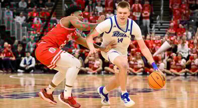 Former Drake guard Bennett Stirtz handles the ball against Bradley. (Photo by Jeff Curry-Imagn Images)