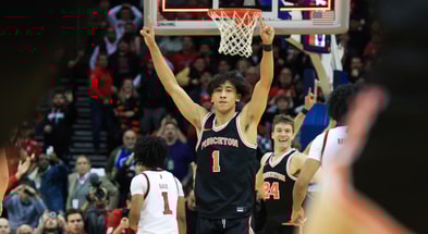 Dec 21, 2024; Newark, New Jersey, USA; Princeton Tigers guard Xaivian Lee (1) celebrates a win over Rutgers Scarlet Knights at Prudential Center. Mandatory Credit: Tom Horak-Imagn Images