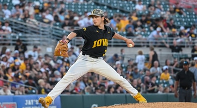 Iowa pitcher Cade Obermueller delivers a pitch against FIU. (Photo by Dennis Scheidt)