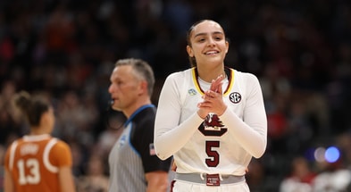 South Carolina Gamecocks guard Tessa Johnson (5) reacts after defeating the Texas Longhorns during the semifinal of the women's 2025 NCAA tournament at Amalie Arena. Mandatory Credit: Nathan Ray Seebeck-Imagn Images