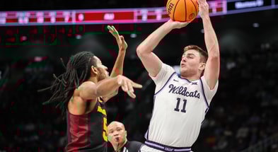 Kansas State transfer guard Brendan Hausen attempts a shot against Arizona State. (Photo by William Purnell-Imagn Images)