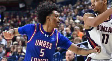 UMass Lowell guard Martin Somerville plays defense this past season against Gonzaga. He is expected to visit FSU this week. (James Snook/Imagn Images)