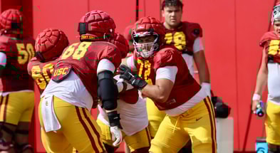 USC offensive linemen during a spring ball practice with the Trojans