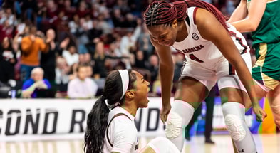 South Carolina Gamecocks guard Bree Hall (23) and forward Aliyah Boston (4) celebrate a play against the South Florida Bulls in the first half at Colonial Life Arena. Mandatory Credit: Jeff Blake-Imagn Images
