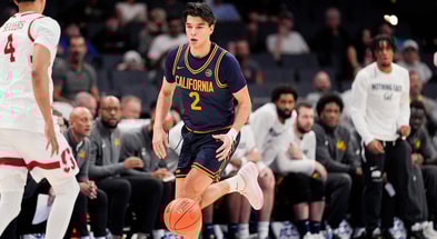 Mar 12, 2025; Charlotte, NC, USA; California Golden Bears guard Andrej Stojakovic (2) brings the ball up court against the Stanford Cardinal during the first half at Spectrum Center. Mandatory Credit: Jim Dedmon-Imagn Images