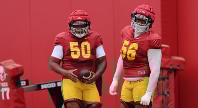 USC offensive linemen J'Onre Reed and DJ Wingfield during a spring practice with the Trojans