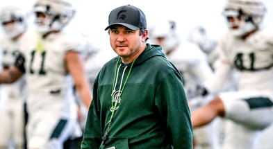 Michigan State football head coach Jonathan Smith looks on during practice on Tuesday, April 8, 2025, in East Lansing. - Nick King, USA TODAY Sports