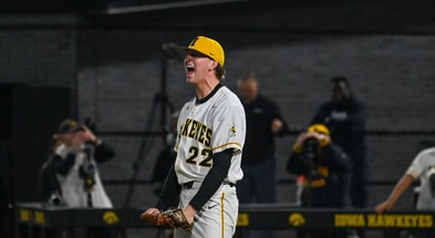 Iowa pitcher Anthony Watts reacts to a strikeout against Nebraska. (Photo by Dennis Scheidt)