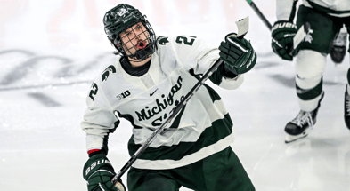 Michigan State's Isaac Howard celebrates his goal against Notre Dame during the third period in the Big Ten tournament on Saturday, March 15, 2025, at Muni Arena in East Lansing. - Nick King, USA TODAY Sports