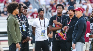 Sequel Patterson, Xavier Tiller, Braylon Clark, and others talk to South Carolina head coach Shane Beamer at the spring game (Photo: Katie Dugan | GamecockCentral.com(
