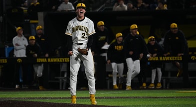 Iowa pitcher Anthony Watts reacts to a strikeout against Nebraska. (Photo by Dennis Scheidt)