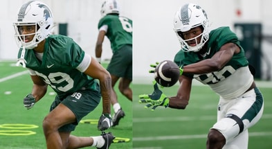 LEFT: Michigan State wide receiver Austin Clay (photo by Dane Robison for SpartanMag.com). RIGHT: Michigan State wide receiver Jaylan Brown (photo courtesy of @MSU_Football on Twitter).
