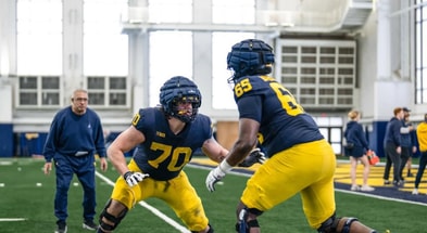 Michigan Wolverines football offensive linemen Brady Norton and Andrew Babalola during 2025 spring practice. (Photo by Brady Norton / Instagram)