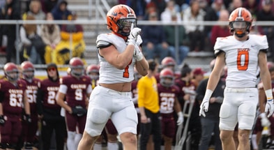 Hope's Jack Lamancusa (new Michigan State commit) hushes the Calvin crowd after sacking the quarterback on Saturday, Nov. 9 at Grand Rapids Christian. - Adam Vander Kooy, USA TODAY Sports